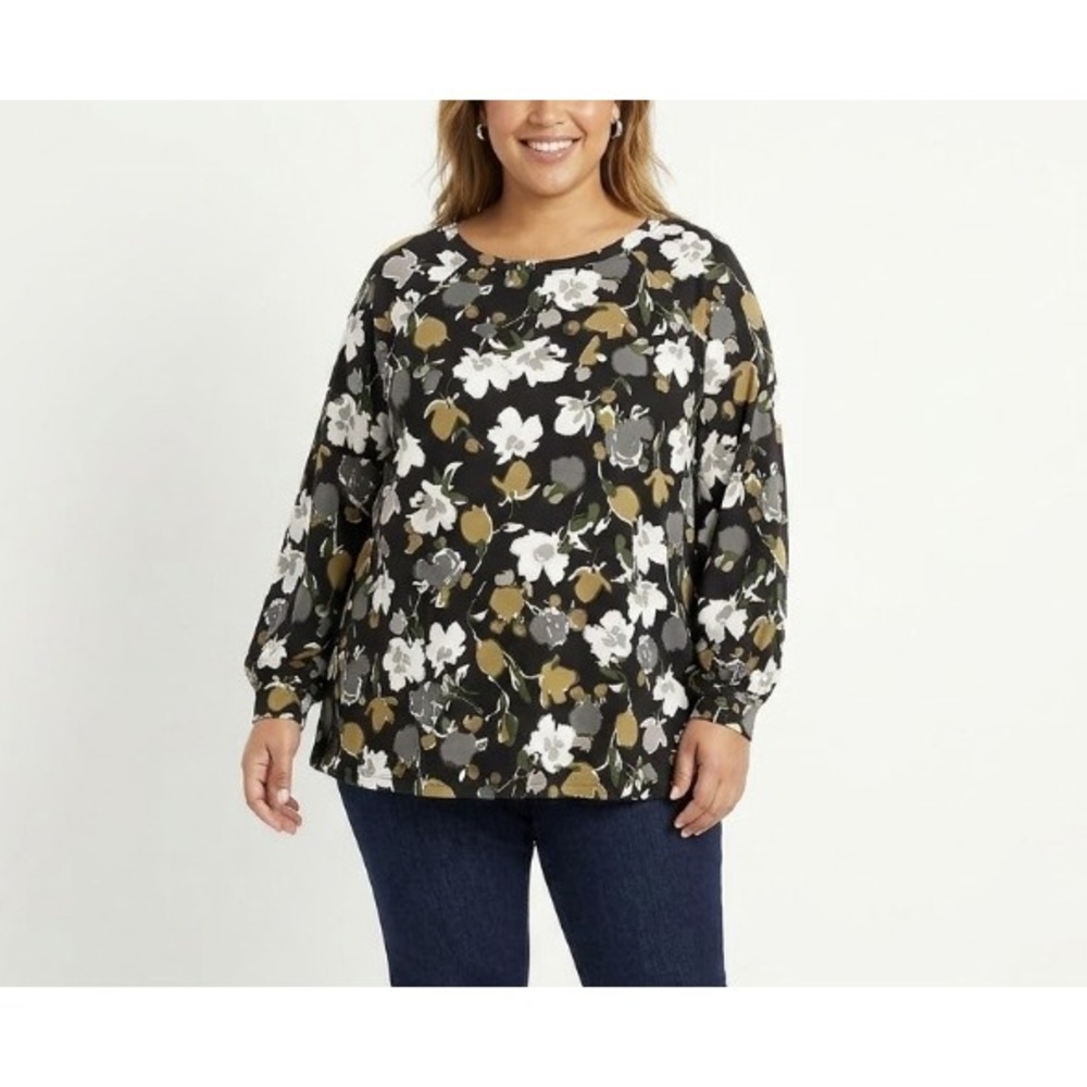 Isaac Mizrahi Top size XL Brown Black Floral Stretch Knit Long Sleeve Comfy